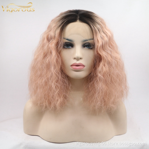 Vigorous ombre short bob premium high quality curly wholesale black women synthetic hair wigs with lace front